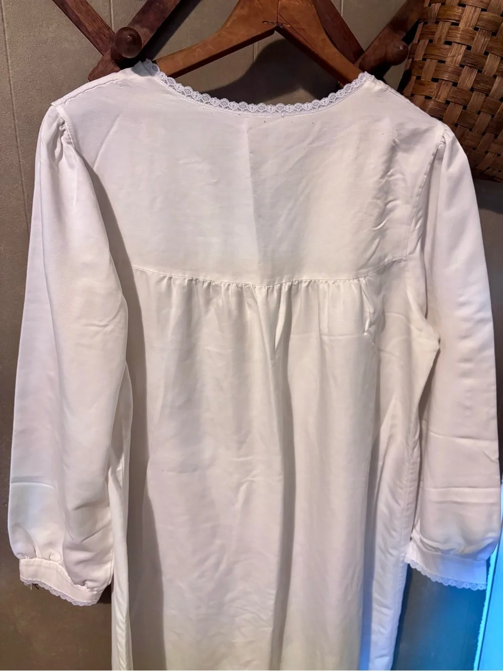 Vintage Handmade White Lace-Trim Nightgown with Pink Ribbon | Cottagecore